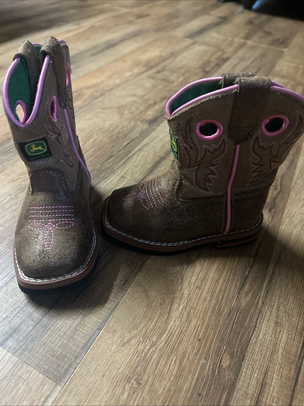John Deere Baby Toddler Cowboy Boots Western Pink Embroidery Green Logo Size 4